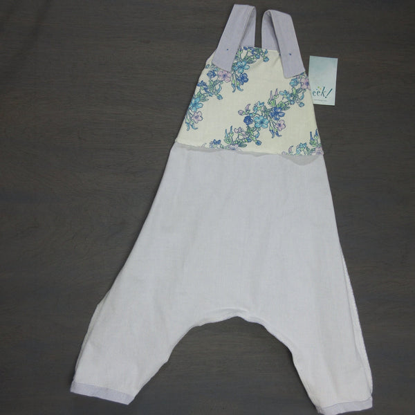 Child's reclaimed cotton romper overall, with front pocket with vintage butterfly, size 3