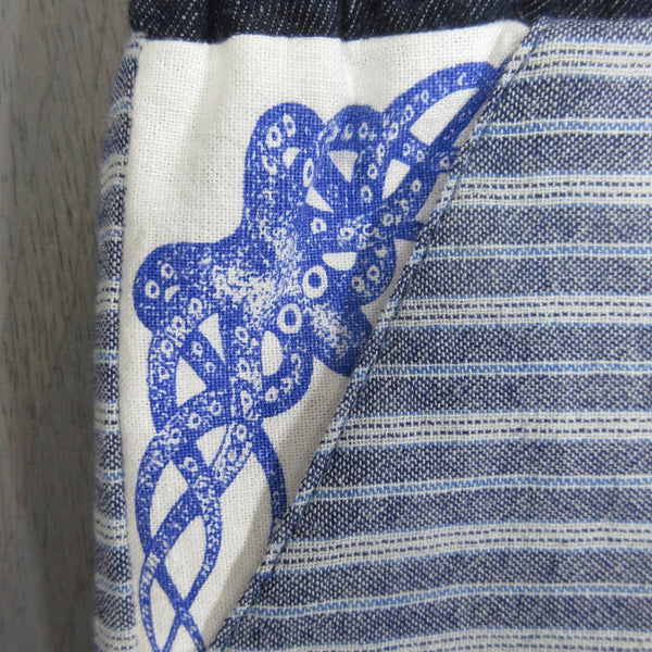 Cotton pants, reclaimed and vintage cotton, pockets, blue cephalopod in one pocket, size 4