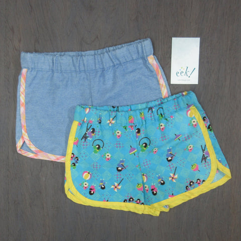 Set of 2, child's retro-style running shorts, made from vintage and reclaimed cotton and lightweight denim, size 5