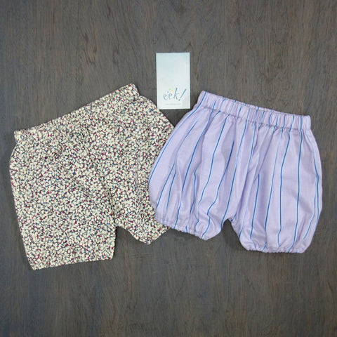 Bloomers, set of 2, for baby made from reclaimed cotton in purples and blues, size 6 months