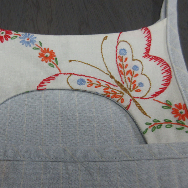 Child's vintage and reclaimed cotton tank, blue with white stripes cotton, vintage embroidered butterfly and flowers, size 7