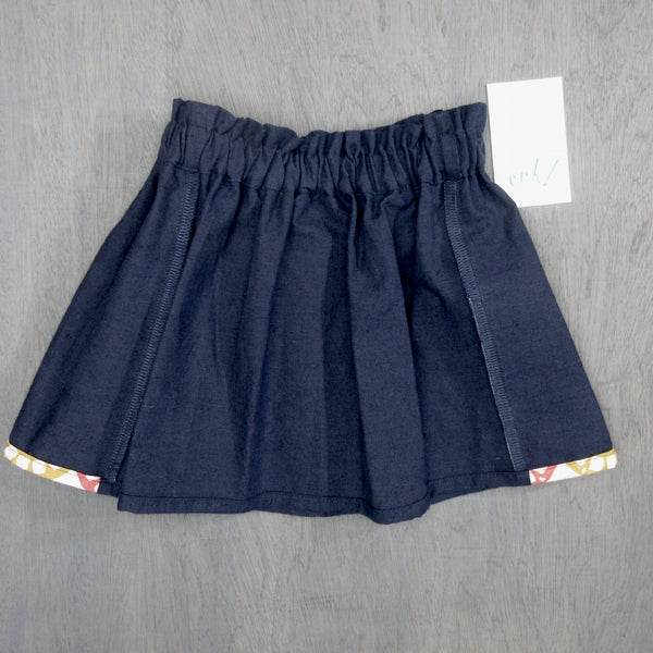 Child's vintage linen and cotton skirt, navy blue linen with a fun, nostalgic Viewfinder reels fabric in a pale lilac, size 5