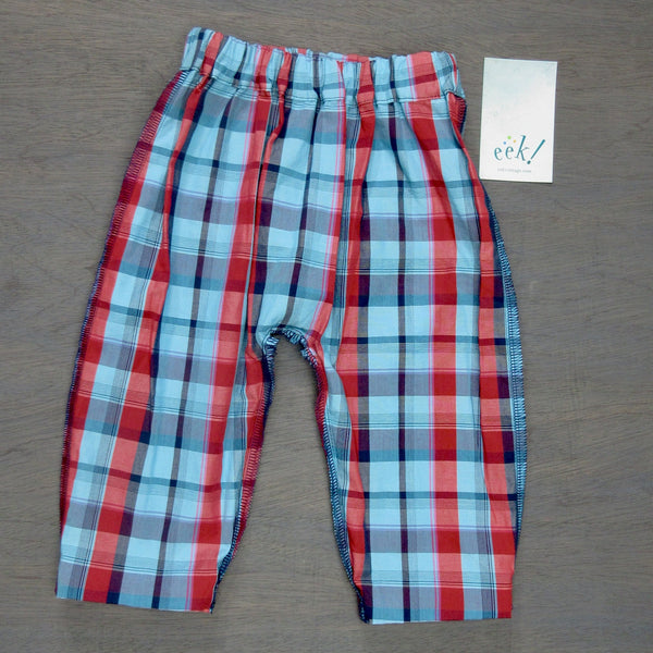 Beachcomber pants in red, navy blue and turquoise plain pattern, elastic waist, cuffed legs, size 12 months