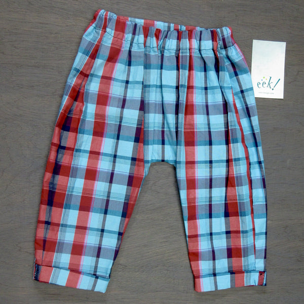 Beachcomber pants in red, navy blue and turquoise plain pattern, elastic waist, cuffed legs, size 12 months