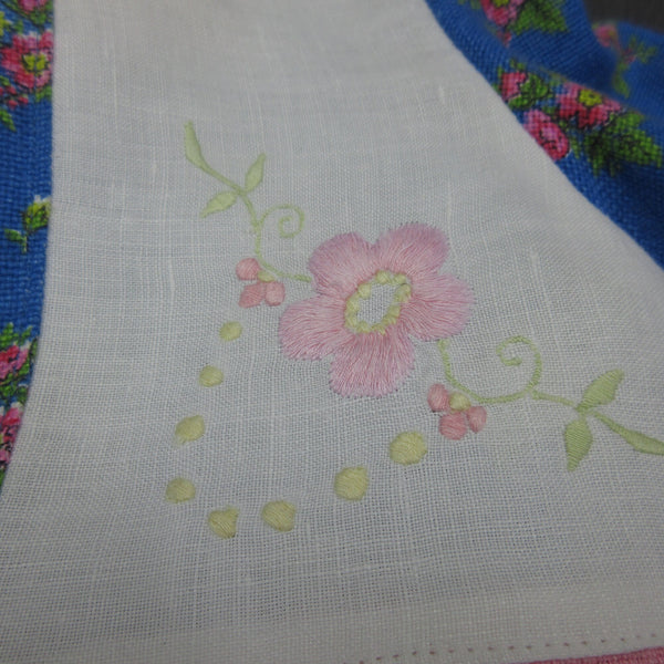 Child's dress, vintage and reclaimed cotton and linen fabrics, vintage blue with pink floral pattern, pink embroidered flower, size 3