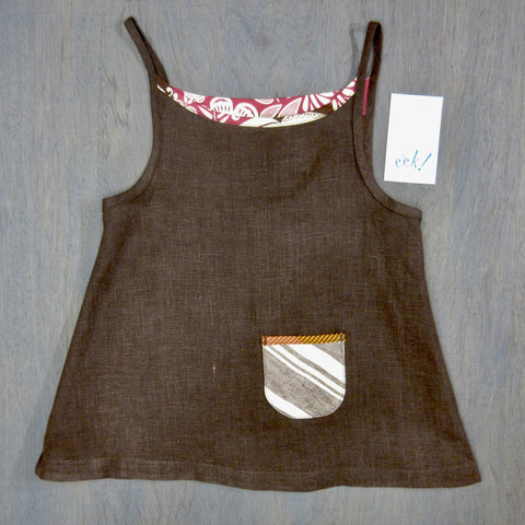 Child's tank with spaghetti straps in brown, pink and yellow, reclaimed cotton and linen, pocket in front, size 7