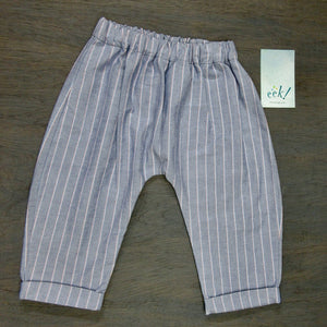 Beachcomber pants in reclaimed cotton chambray with white and red pinstripes, elastic waist, cuffed legs, size 12 months